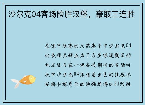 沙尔克04客场险胜汉堡,豪取三连胜 沙尔克04客场险胜汉堡,豪取三连胜